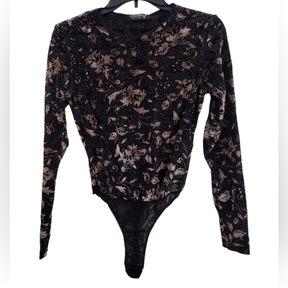 Cosabella Black Tan Floral Velvet Bodysuit Made In Italy Size Small